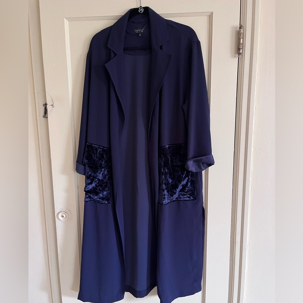Topshop lightweight navy duster coat jacket with velvet patch pockets